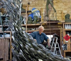 Plowright working on a 2000 stainless steel piece, “Life Teaming-Life Teeming”