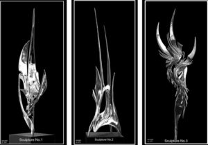 "Nature Diverse, Complex; Informing Space" "A tribute to Beethoven's Last Quartet: Music; Natures Profound Outpouring" "Winged Splendour, Foliaged Forms; Inseparable" Set of 3 stainless steel sculptures that represented Australia at the 2013 Florence Biennale