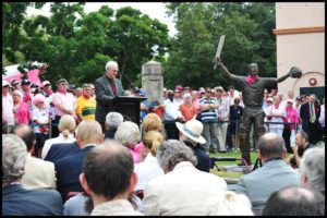 Terrance Plowright speaks at the “Steve Waugh” sculpture unveiling