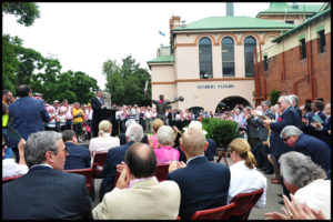 Steve Waugh speaking at the unveiling of his tribute sculpture