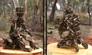 These 2 contemporary figures have been installed at Peak Hill Gold Mine Museum NSW, they are made from over 2,500 pieces of steel and have been patinated with a Japanese bronzing chemical. Slightly larger than life size, they will form part of an interactive "information" point