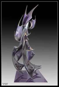 "Windswept" ("Dances with Leaves") 1 metre high, cast water clear polyurethane, tinted. Part of the Basil Sellers Collection.
