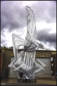 The sculpture is 50 feet high x 21 feet wide x 14 feet deep, weighs 5 tonnes and is made from aluminium